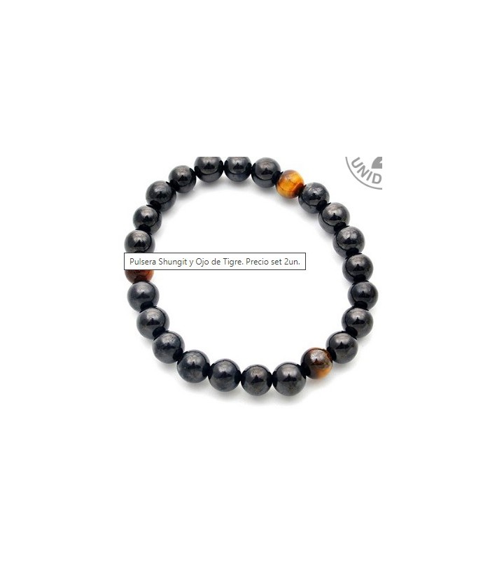 Pulsera de shungit y ojo de tigre en bola de 8 mm.

Presentado con cartón explicativo.