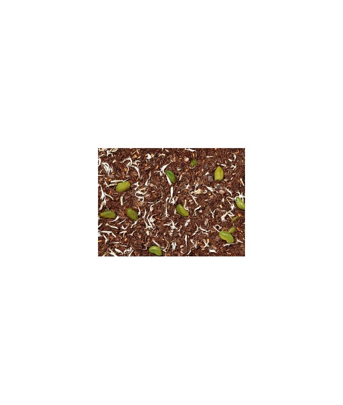 té Rooibos, cáscara de cacao, pistacho, aroma, flores de aciano blanco