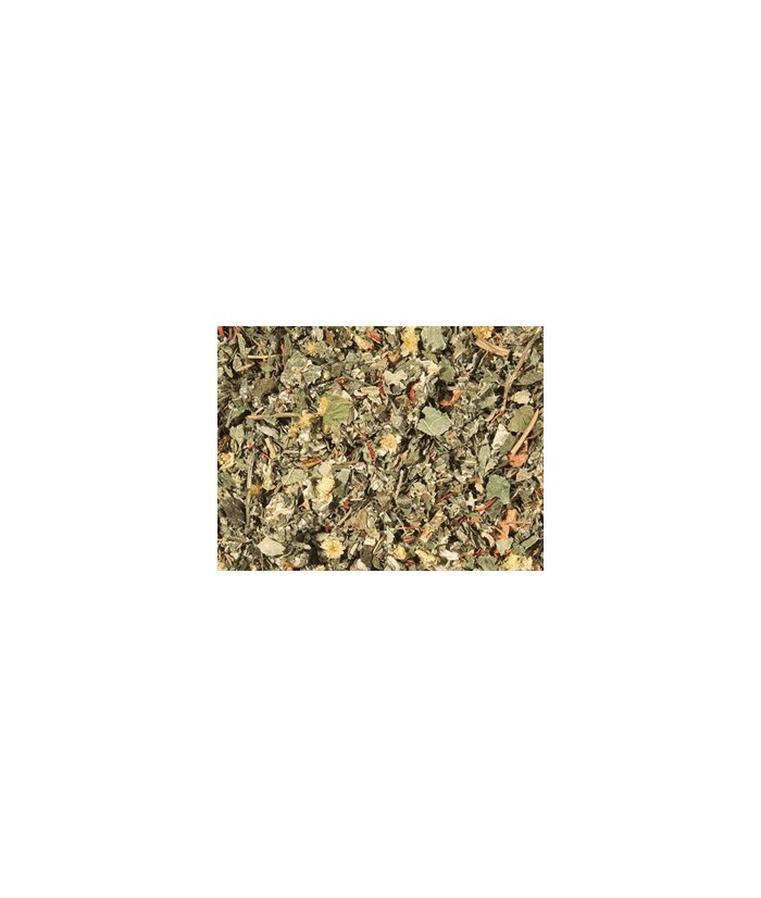 trozos de manzana, hojas de menta, hojas de frambuesa, hojas de zarzamora, hojas de malva, hojas de grosella negra, flor de ant