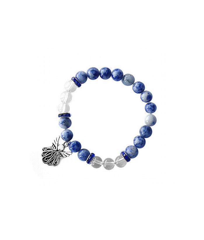 Pulsera de Sodalita y Cristal de Roca en bola de 8 mm. con amuleto colgante metálico en forma de ángel y detalles de circonitas