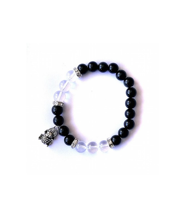 Pulsera de obsidiana arcoiris y cristal de roca en bola de 8 mm engarzadas en silicona elástica con amuleto colgante de rana co