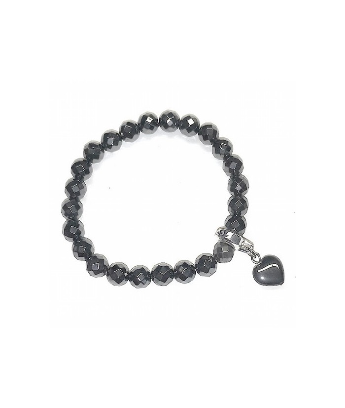 Pulsera hecha de cuentas facetadas de hematite (8 mm), terminada con un colgante de hematite en forma de corazón.