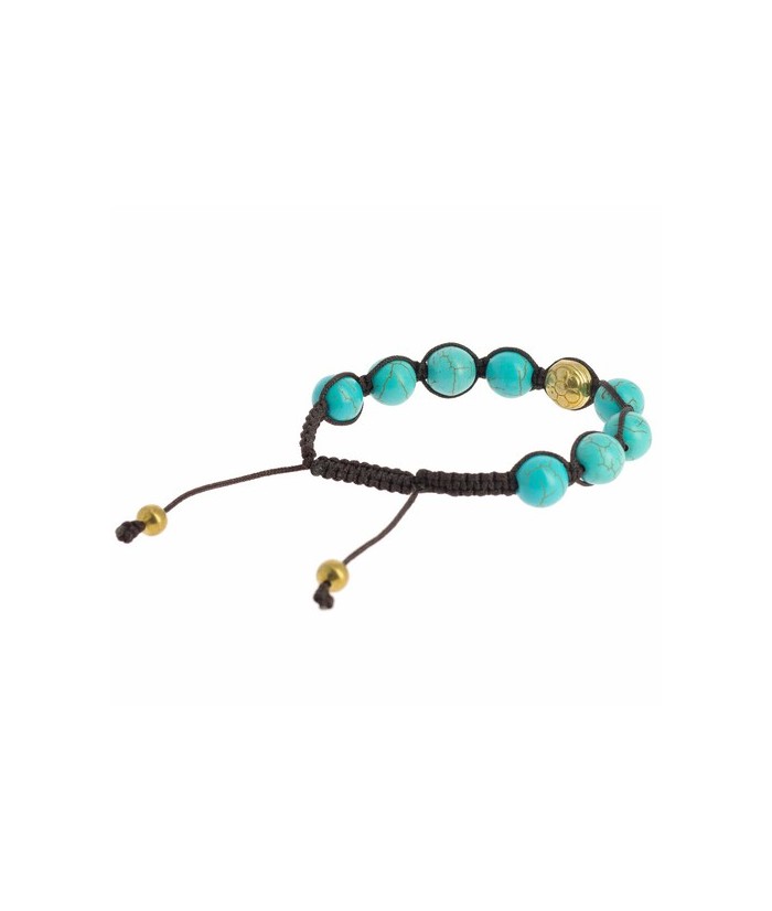 Pulsera Shambala Om Magnesita Turquesa
Code: BI259
Características técnicas: 
Ø ±10 mm, magnesita turquesa y metal dorado (a