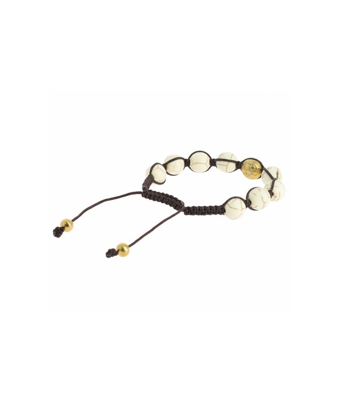 Pulsera Shambala Om Magnesita
Code: BI256
Características técnicas: 
Ø ±10 mm, magnesita y metal dorado (aleación de cobre y