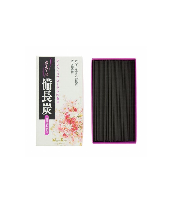 El incienso Sasara Binchotan Fresh Floral está hecho a base de carbón Bincho de Kishu (prefectura de Wakayama), el de más calid