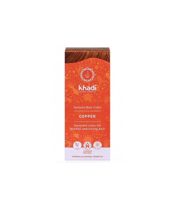Tinte natural Khadi Cobre, da un brillante tono cobrizo dorado, puente entre el rubio y el rojizo.

Formulaciones ayurvedas a