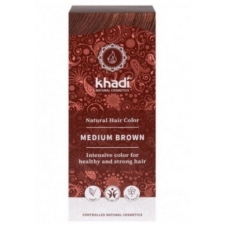Tinte natural Khadi que proporciona un tono castaño medio natural al cabello.

Formulaciones ayurvedas de larga permanencia p