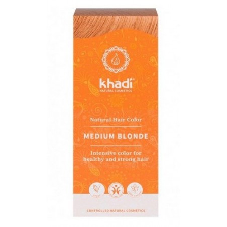 Tinte natural Khadi que proporciona un tono rubio medio al cabello.

Formulaciones ayurvedas de larga permanencia para un pel