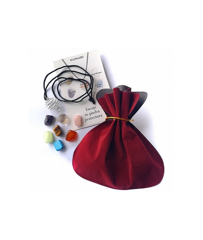 Set  "Escoje tu piedra protectora" compuesto por: 

   Siete minerales (Ojo de Tigre, Carneola, Cristal de Roca, Amatista, Ho