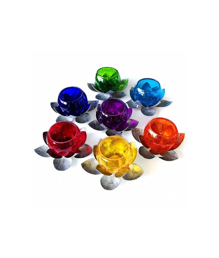 Set de 7 portavelas en forma de Flor de Loto.El Cristal con el que estan diseñados, corresponde al color de cada uno de los cha