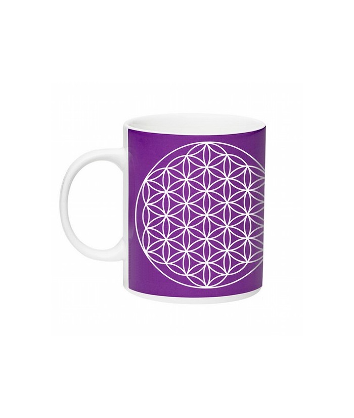 Taza de cerámica de color blanco con el símbolo de la flor de la vida serigráfiado sobre fondo morado.

Medida: 8 x 9.5cm

