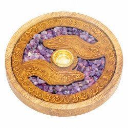 Quemador de incienso para varilla y cono. Forma redonda, realizado en madera natural y Amatista, grabado con el simbolo de las 