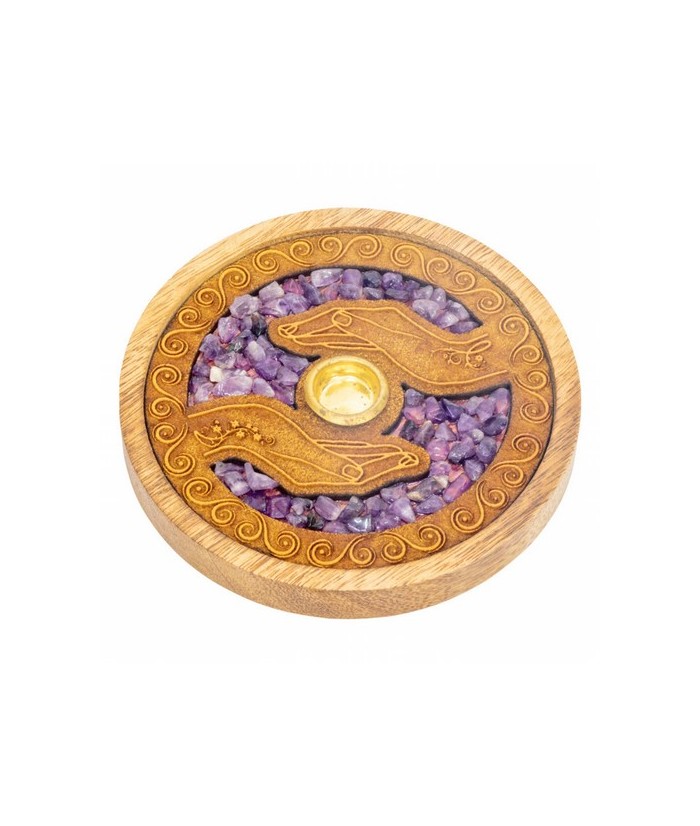 Quemador de incienso para varilla y cono. Forma redonda, realizado en madera natural y Amatista, grabado con el simbolo de las 