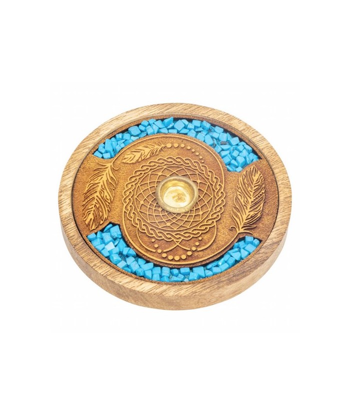 Quemador de incienso para varilla y cono. Forma redonda, realizado en madera natural y Turquenitas, grabado con el simbolo de a