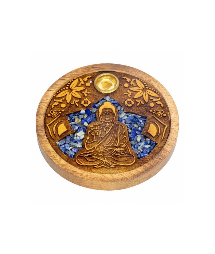 Quemador de incienso para varilla y cono. Forma redonda, realizado en madera natural y Sodalita, grabado con el simbolo de Buda