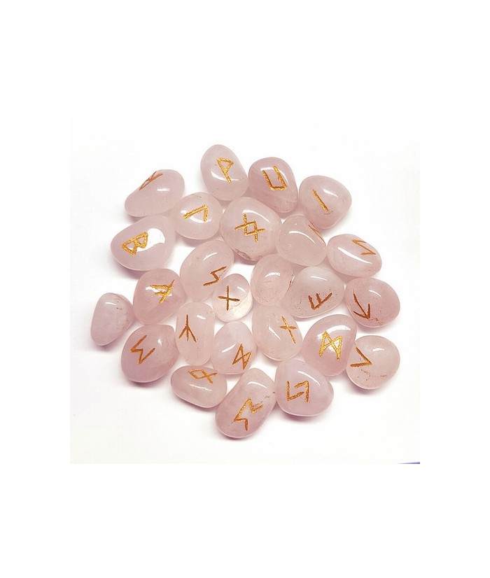  24 piezas de Cuarzo Rosa con los símbolos de las runas grabados en dorado.
Incluye caja y folleto explicativo.
Medida de las