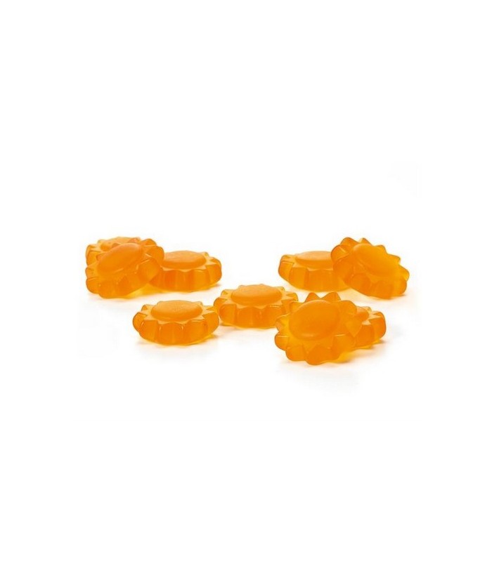 jarabe de glucosa, azúcar, concentrado de zumo de frutas (17%) (naranja, melocotón), Gelatina, zumo de jengibre (3%), acidulant