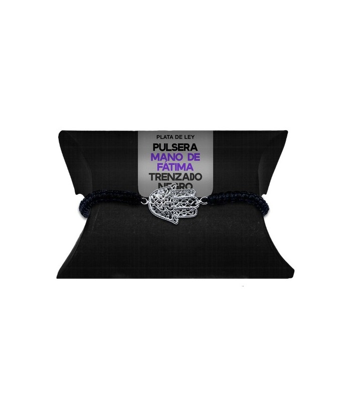 TRI.PULSERA MANO FATIMA PLATA TRENZADO NEGRO