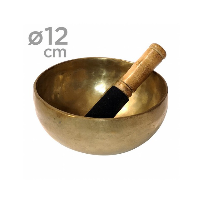 Cuenco de Bronce de 12cm. de diametro procedente de India.

Realizado a mano.

Se incluye bastón de madera natural.