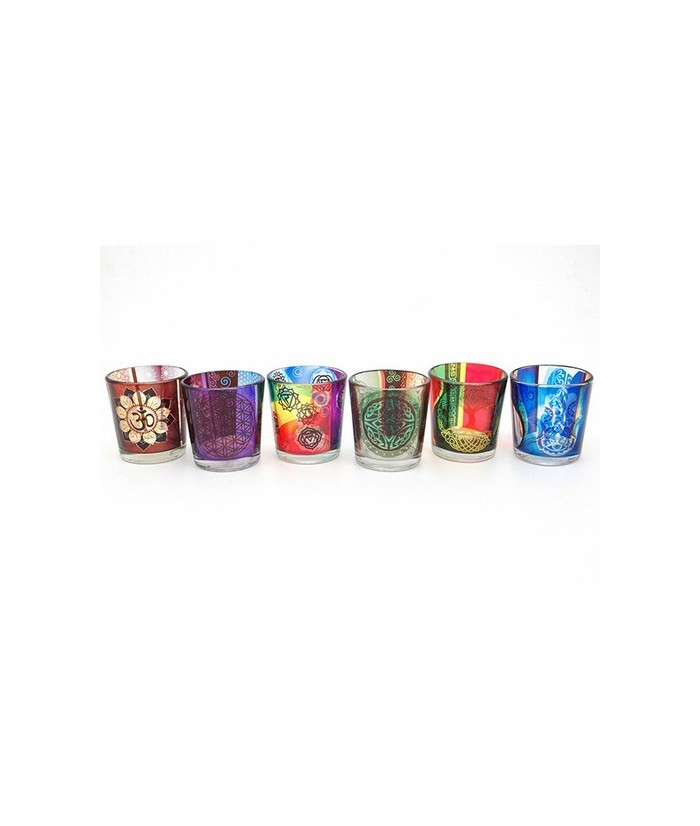 Portavelas en cristal,y esmaltado con diferentes motivos: Om, chakras, arbol de la vida, flor de la vida, simbolo celta y diosa