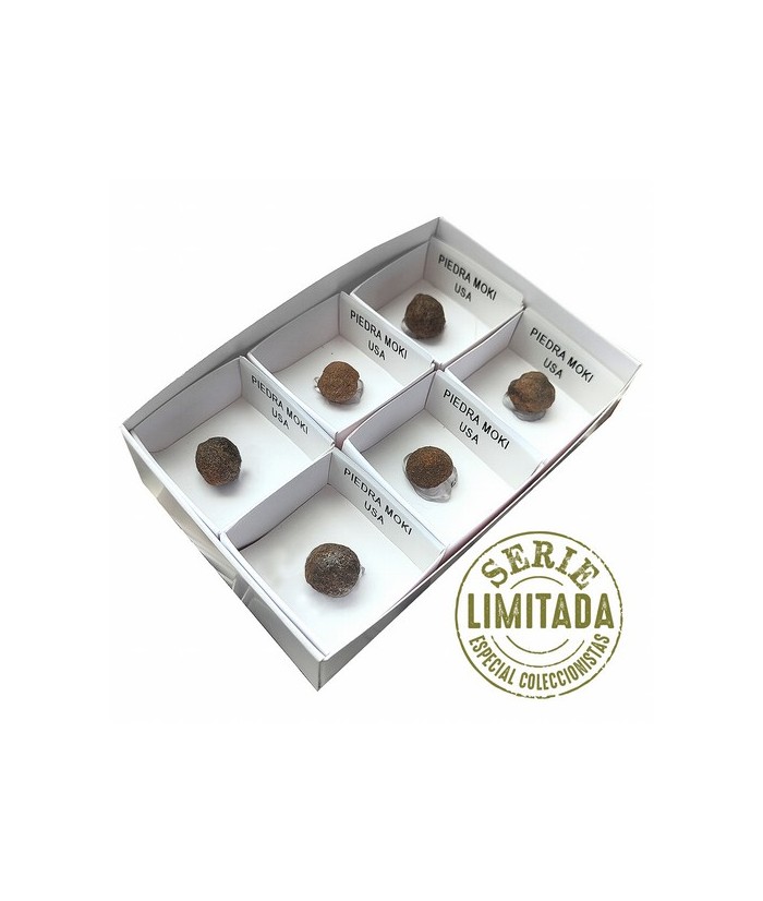 Piedra Moki (USA) en cajita de 4x4.
Esferas de arenisca recubiertas de pirita y hematite descubiertas por los indios Moki de U