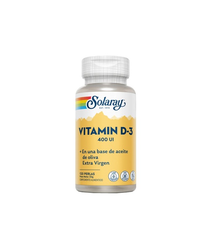 Vitamin D3 400 UI - 120 Perlas. Sin Soja. Sin Gluten.
REF.4140
CONTENIDO MEDIO (POR PERLA)
Vitamina D3 (400UI)              