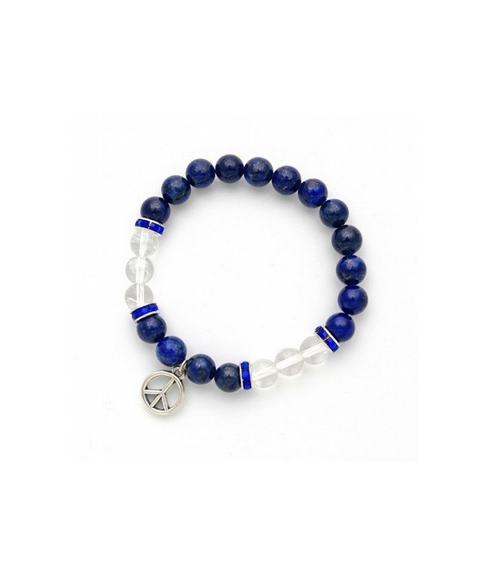 Pulsera de lapislázuli y cristal de roca en bola de 8 mm. con un motivo colgante metálico del símbolo de la paz y detalles de c