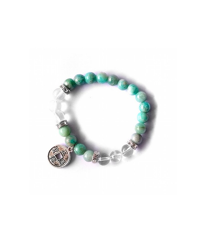 Pulsera de amazonita y cristal de roca en bola de 8 mm. con amuleto colgante metálico moneda y detalles de circonitas.