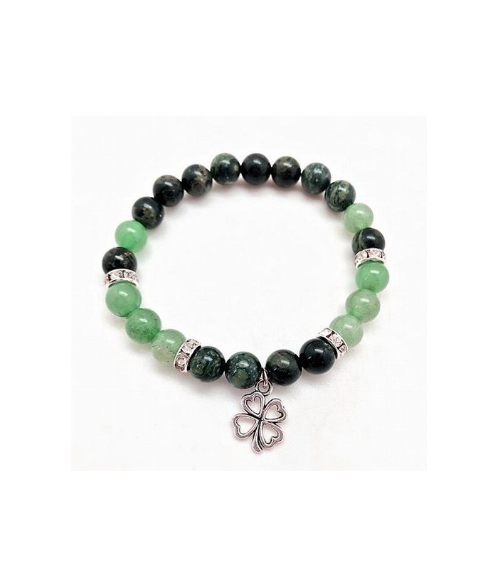 Pulsera de Jaspe Kambaba y Aventurina Verde en bola de 8 mm. con amuleto colgante metálico en forma de trébol y detalles de cir