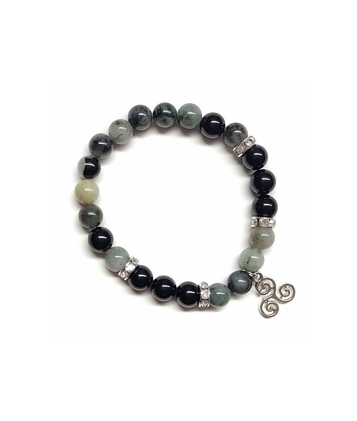 Pulsera Turmalina y Esmeralda en bola de 8 mm. con amuleto colgante Trisquel.
