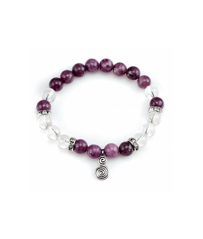 Pulsera Lepidolita y Cuarzo en bola de 8 mm. con amuleto colgante Espiral.

 