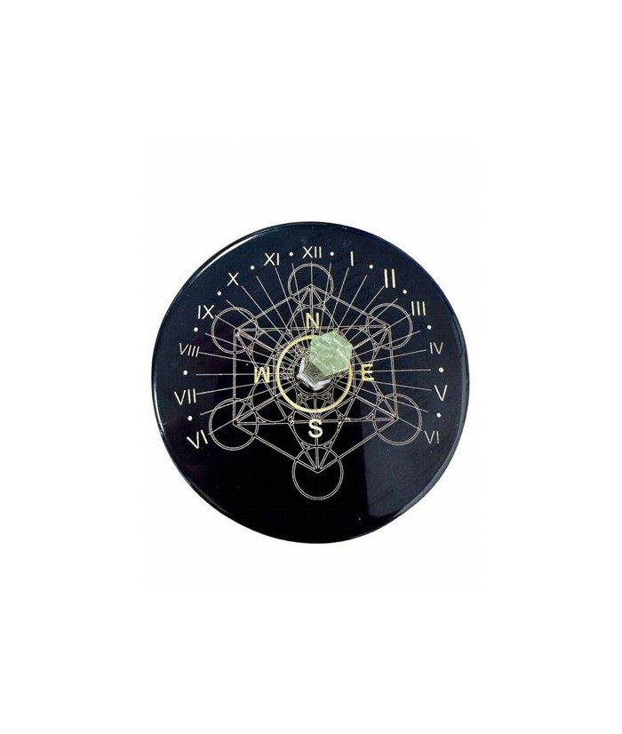 Placa Metatron de ónix negro con cristal de roca 8cm
SUP-ONYX03 Origen: India
Plato atrapasoles de ónix negro estampado dorad