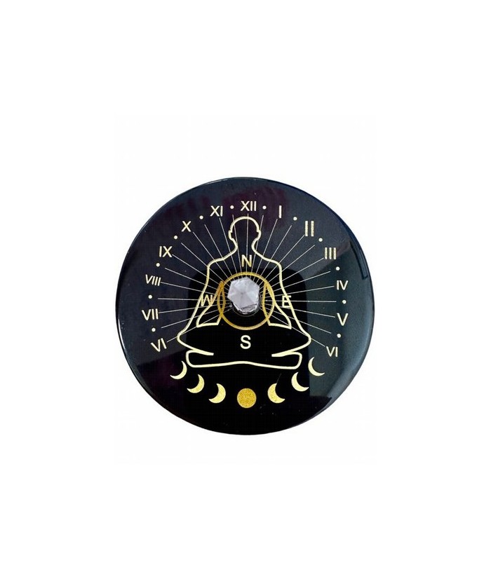 Placa pentáculo de ónix negro con cristal de roca 8cm
SUP-ONYX05 Origen: India
Plato atrapasoles de ónix negro estampado dora