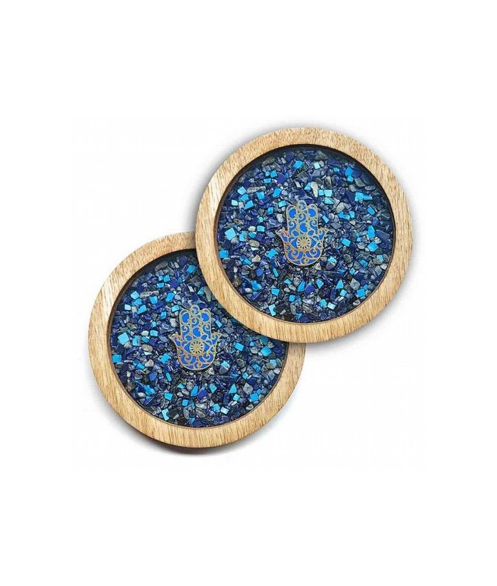 Set de 2 posavasos de madera con sobre de cristal con símbolo de la Mano de Fátima y minerales de Lapislázuli y Turquesa.

Ta