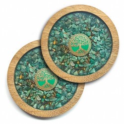 Set de 2 posavasos de madera con sobre de cristal con símbolo del Arbol de la Vida y minerales de Aventurina y Ojo de Tigre.
