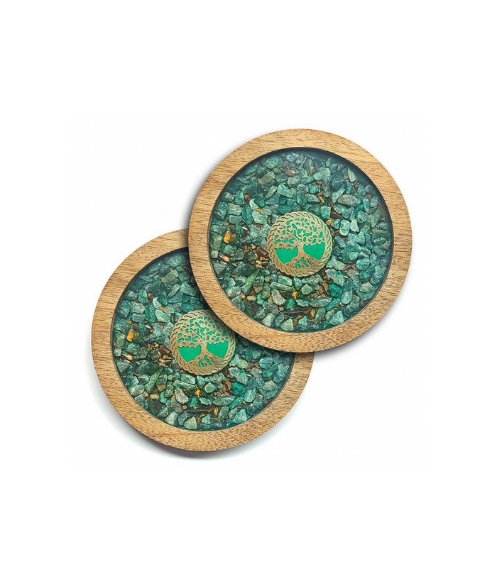 Set de 2 posavasos de madera con sobre de cristal con símbolo del Arbol de la Vida y minerales de Aventurina y Ojo de Tigre.
