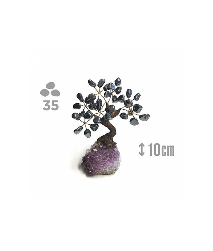 Árbol compuesto de 35 piedras de Hematite (de 1cm aprox).

Base de drusa de Amatista.

Medida: 10cm de alto aprox.