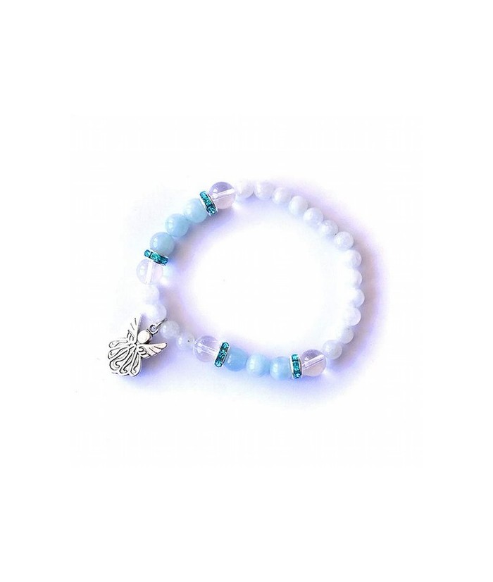 Pulsera piedra luna y aguamarina en bola de 6 y 8 mm. con amuleto colgante ángel y detalles de circonitas.

 
