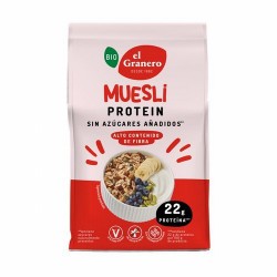 MUESLI PROTEIN BIO, 375 g
Ref. 019176

Ingredientes: copos de soja* 35%, copos de trigo integral* 16%, copos de avena integr