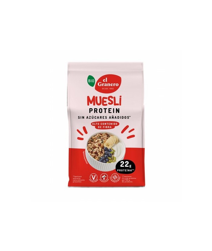 MUESLI PROTEIN BIO, 375 g
Ref. 019176

Ingredientes: copos de soja* 35%, copos de trigo integral* 16%, copos de avena integr