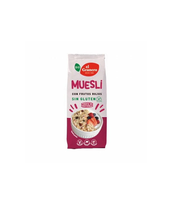 MUESLI CON FRUTOS ROJOS SIN GLUTEN BIO, 375 g
Ref. 019143

Ingredientes: copos de avena* integral sin gluten 82,6%, copos de