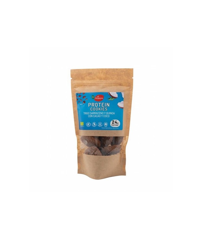 
GALLETAS COOKIES PROTEIN CACAO Y COCO BIO, 130 g
Ref. 019190

Ingredientes: pas de dátil* (26%), harina de trigo sarraceno