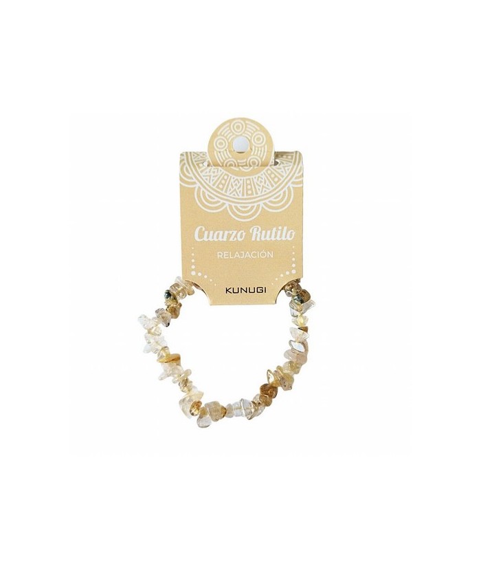 Pulsera de Cuarzo Rutilo en piedra chip pulida.

Presentada en jinete de cartón con nombre de mineral y su propiedad. Disponi
