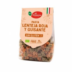 Ingredientes: pasta roja 50% (harina de lentejas rojas* 50%, harina de arroz integral* 50%), pasta verde 50% (harina de guisant
