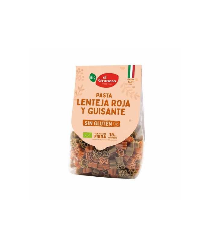 Ingredientes: pasta roja 50% (harina de lentejas rojas* 50%, harina de arroz integral* 50%), pasta verde 50% (harina de guisant