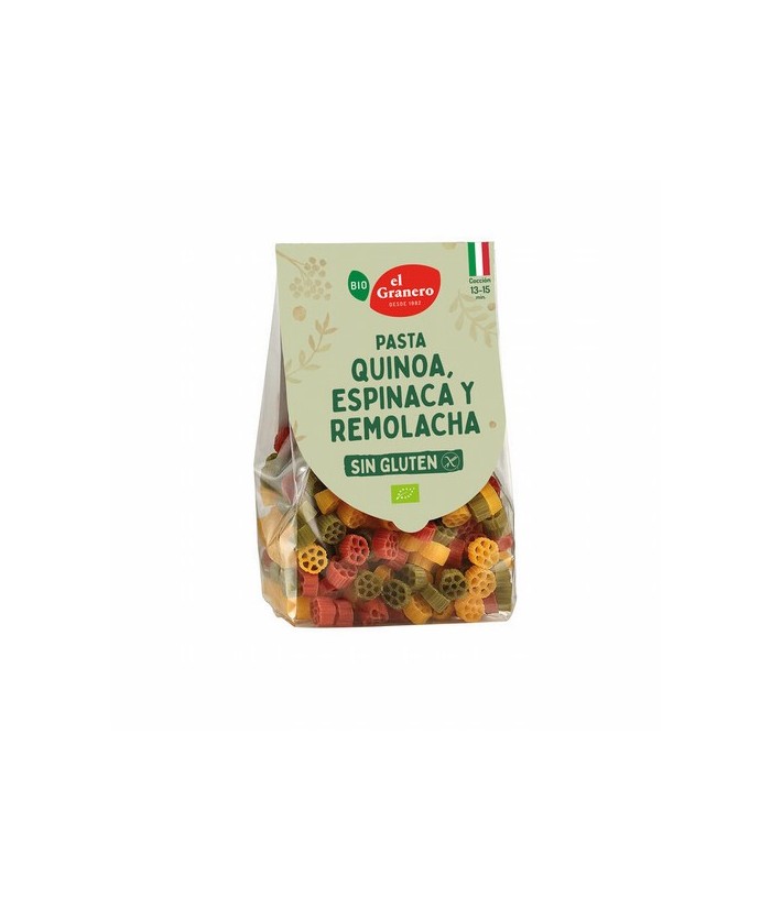 Ingredientes: pasta roja 33% (harina de maíz amarillo* 98%, polvo de remolacha* 2%), pasta verde 33% (harina de maíz amarillo* 