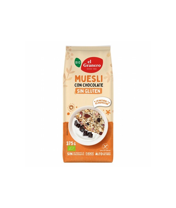 Ingredientes: copos de avena* integral sin gluten 81%, copos de maíz tostado con chocolate negro* 6,5 % (maíz*, pasta de cacao*