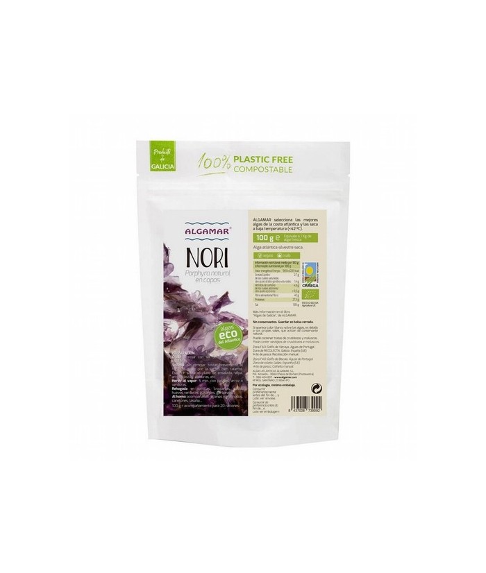 Alga nori en copos Bio 50g Algamar
Denominada Porphyra natural u "ovo marina", esta verdura de mar es la comúnmente conocida c