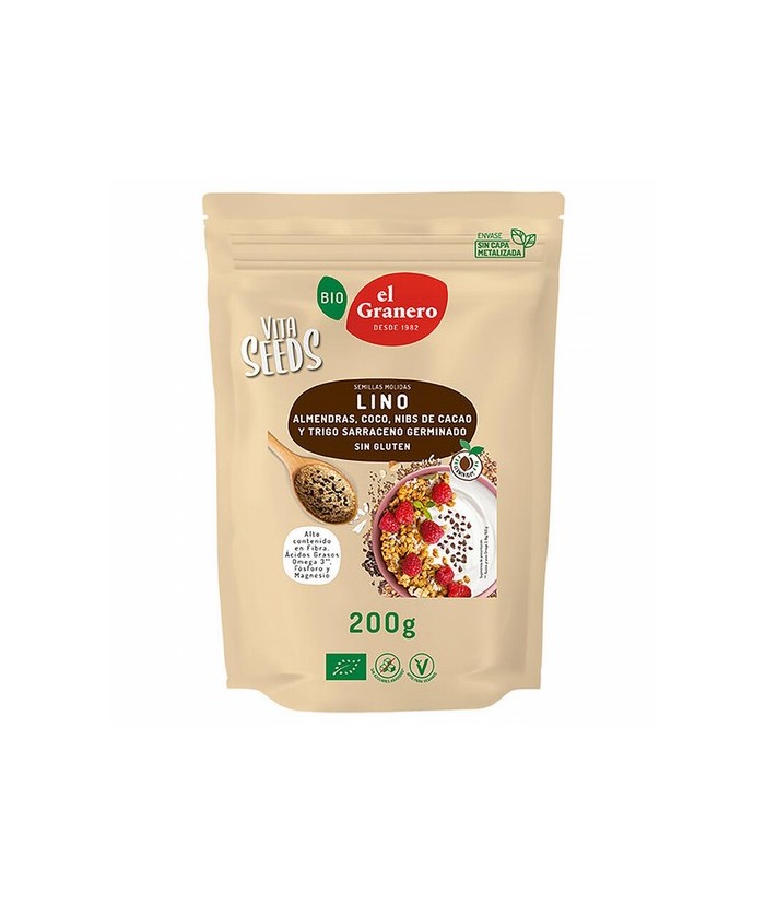
VITASEEDS LINO MOLIDO CON TRIGO SARRACENO ALMENDRAS COCO Y NIBS CACAO BIO, 200 g
Ref. 019120

Ingredientes: semillas de li
