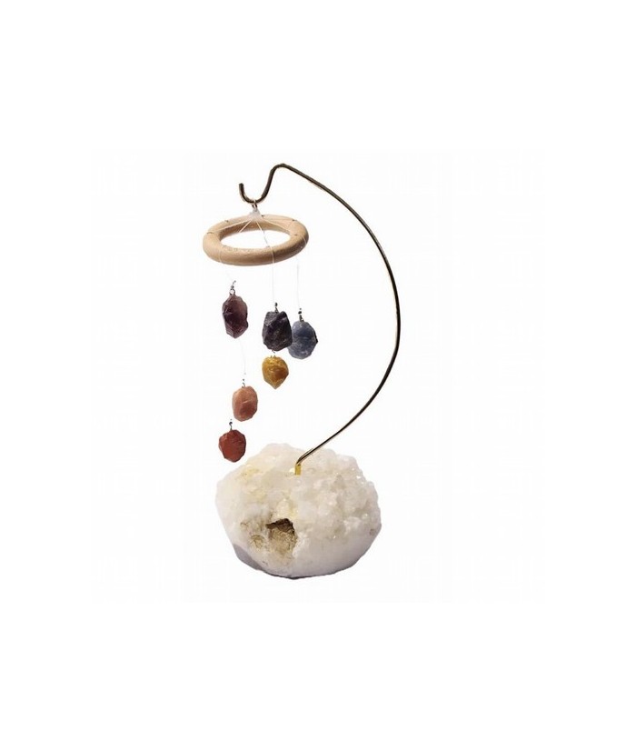 Móvil de viento en base de Apofilita.

Carillón de viento / Campanilla de mesa con adornos de chakras.

Tamaño: 22,5 cm apr